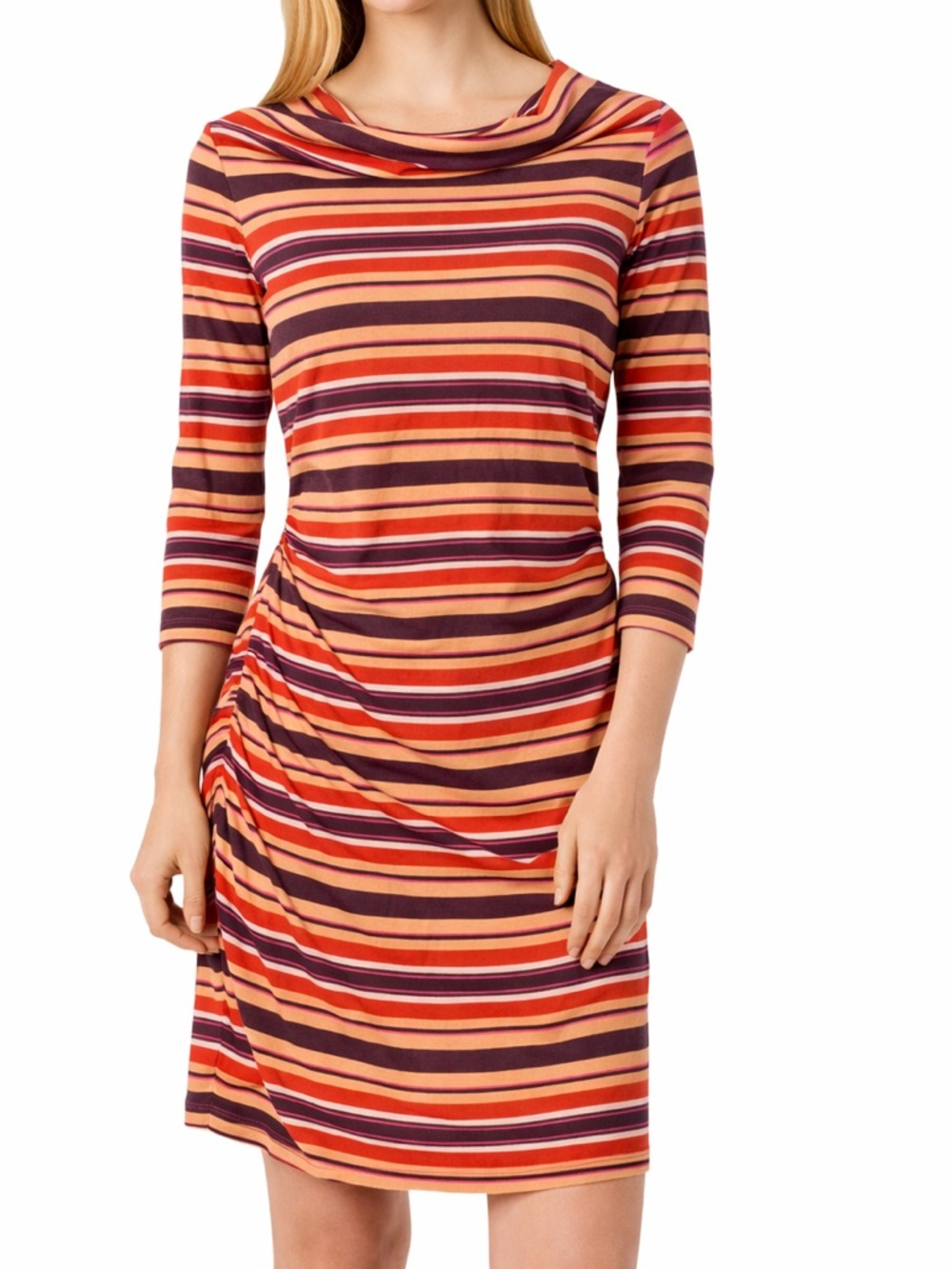 Patagonia Kamala Cowl Neck Ruched Dress Striped Orange Medium